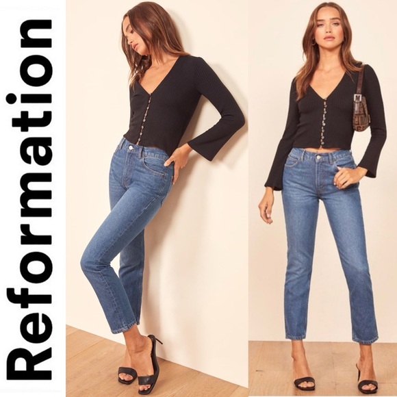 Reformation Julia Crop High Rise Cigarette Straight Leg Denim Jeans Milo Wash 25 - Picture 16 of 16